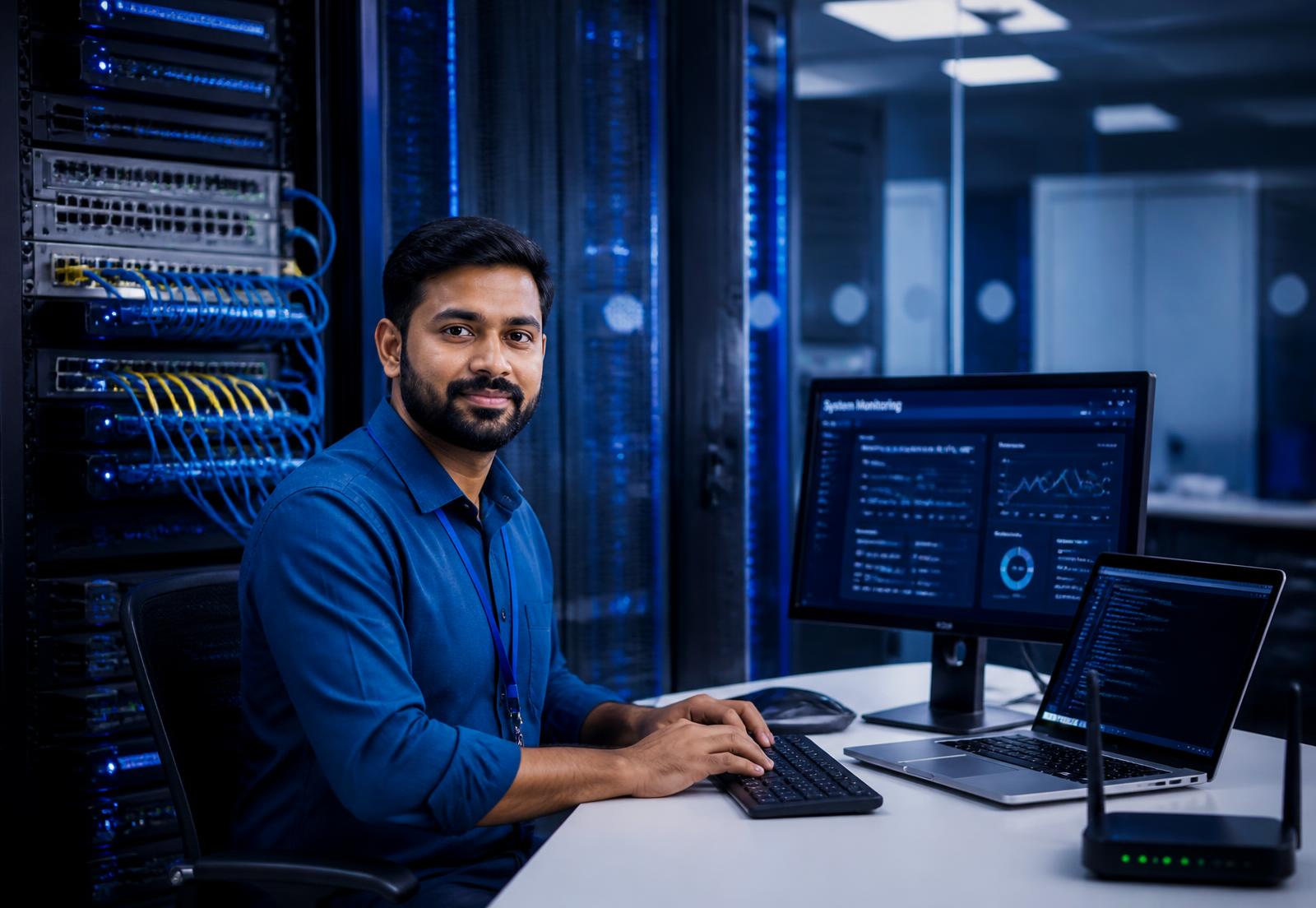 IT technician working with a server rack, network switch, desktop computer, laptop and Wi-Fi router